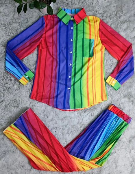 Women Fashion Full Sleeve Button Up Rainbow Striped Two Piece Maxi Skirt Set