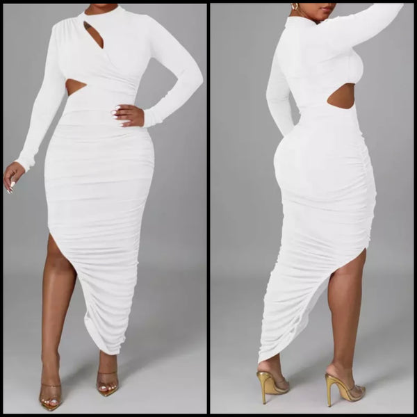 Women Sexy Ruched Asymmetrical Full Sleeve Cut Out Dress