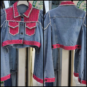 Women Fashion Sequins Patchwork Denim Crop Jacket