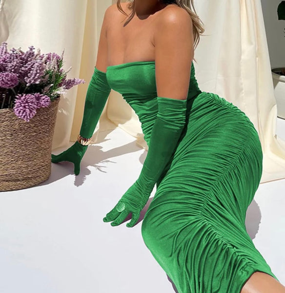 Women Sexy Strapless Ruched Glove Dress