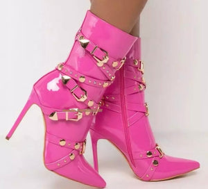 Women Fashion Pink PU Gold Buckled Ankle Boots