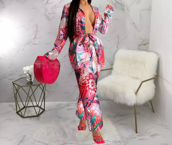 Women Sexy Long Sleeve Floral Two Piece Pant Set