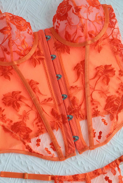 Women Sexy Floral Mesh Orange G-String Lingerie Set