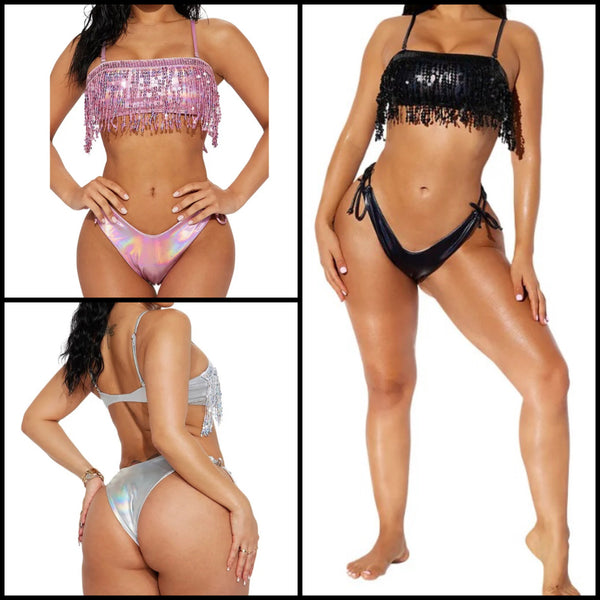 Women Sexy PU Tassel Bikini Swimsuit