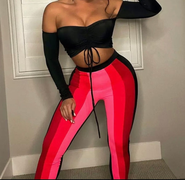 Women Off The Shoulder Full Sleeve Crop Two Piece Striped Pant Set