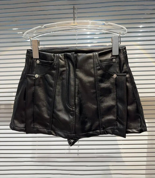 Women Faux Leather Fashion Black Wrap Shorts
