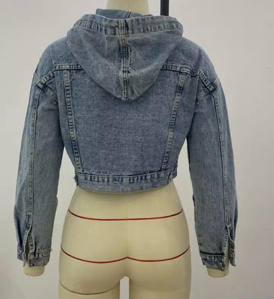 Women Fashion Hooded String Up Denim Crop Jacket