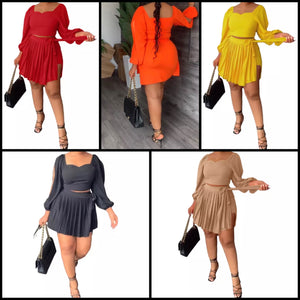 Women Sexy Solid Color Full Sleeve Two Piece Pleated Tie Up Skirt Set