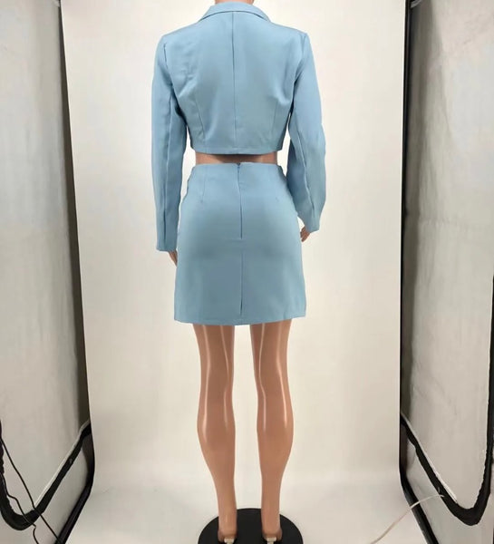 Women Solid Color Full Sleeve Crop Blazer Two Piece Skirt Set