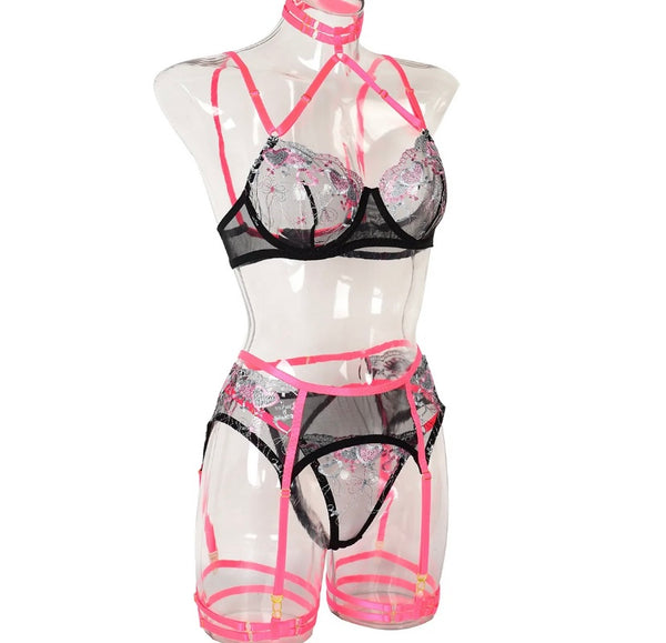 Women Sexy Heart Mesh Color Patchwork Lingerie Set