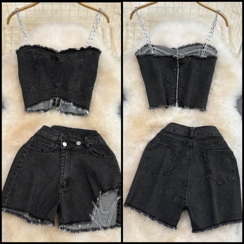 Women Fashion Sleeveless Denim Chain Two Piece Short Set