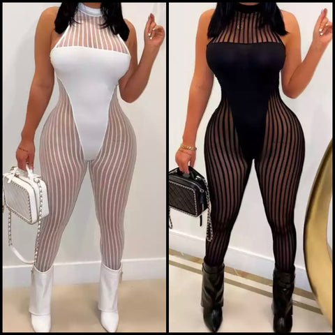 Women Sexy Sleeveless Striped Mesh Patchwork Fashion Jumpsuit