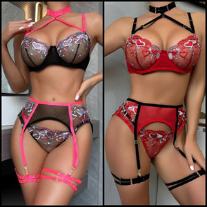 Women Sexy Heart Mesh Color Patchwork Lingerie Set