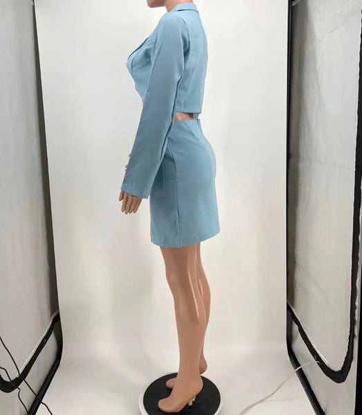 Women Solid Color Full Sleeve Crop Blazer Two Piece Skirt Set