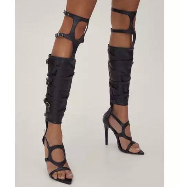 Women Pointed Toe Leather Buckled Gladiator Sandals