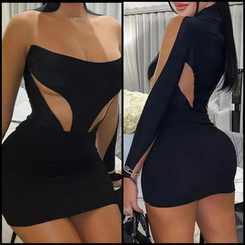 Women Sexy Full Sleeve Black Mesh Patchwork Dress