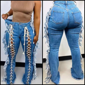 Women Fashion Lace Up Fringe Denim Pants