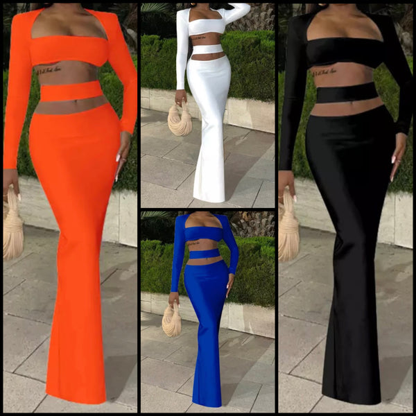 Women Sexy Two Piece Cut Out Full Sleeve Maxi Skirt Set