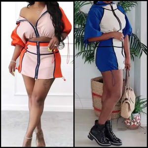 Women Fashion Color Patchwork Hooded Two Piece Skirt Set
