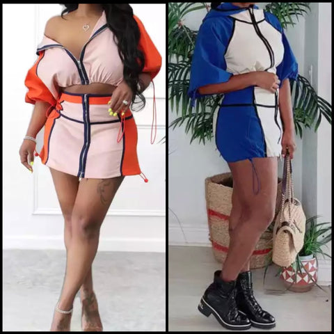 Women Fashion Color Patchwork Hooded Two Piece Skirt Set