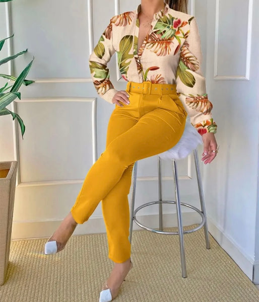 Women Fashion Full Sleeve Printed Button Up Two Piece Pant Set