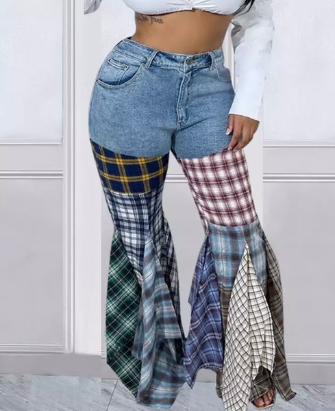 Women Fashion Denim Plaid Patchwork Wide Leg Pant