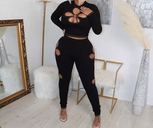 Women Sexy Full Sleeve Hollow Out Crop Two Piece Pant Set