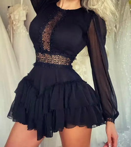 Women Sexy Black Mesh Patchwork Ruffled Dress