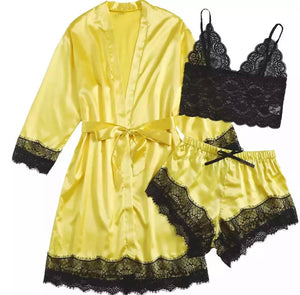 Women Sexy Satin Lace Three Piece Lingerie Set