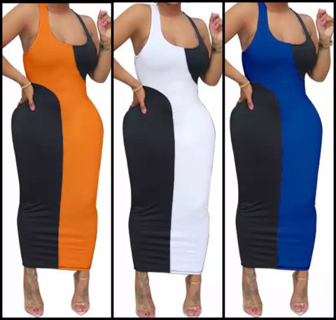Women Sexy Sleeveless Color-Block Maxi Dress