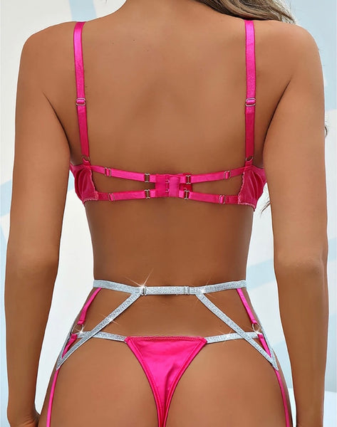 Women Sexy Pink & Silver Lingerie Set