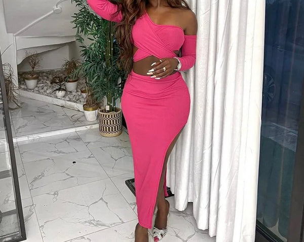 Women Sexy One Shoulder Full Sleeve Crop Two Piece Side Split Skirt Set