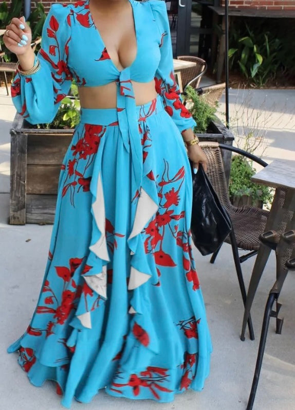 Women Sexy Long Sleeve Tie Up Floral Two Piece Maxi Skirt Set
