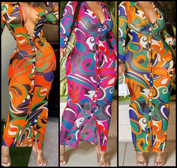 Women Multicolored Print Button Up Full Sleeve Maxi Dress