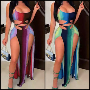 Women Sexy Sleeveless Colorful Striped High Split Dress