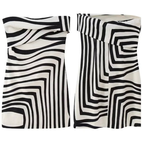 Women Sexy Strapless B&W Printed Dress