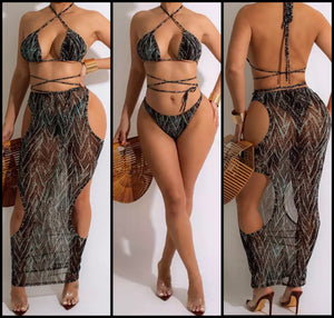 Women Sexy Printed Tie Up Three Piece Bikini Cover Up Set