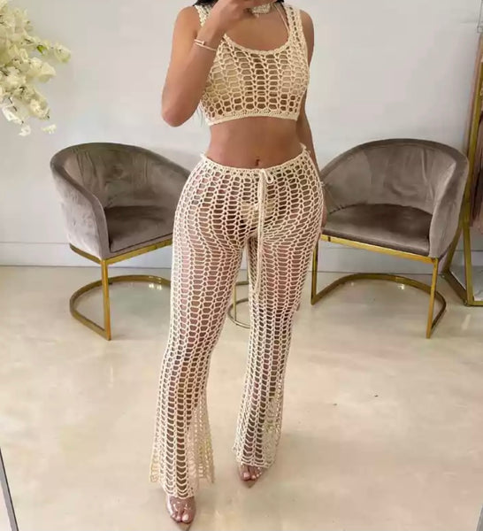 Women Sexy Sleeveless Knitted Two Piece Beachwear Pant Set