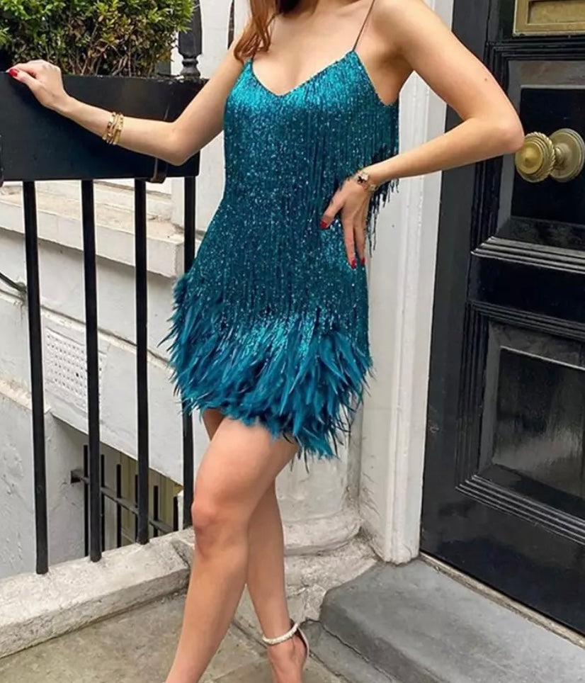 Women Sleeveless Sequins Tassel Sexy Feather Dress