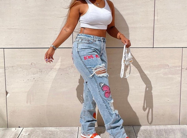 Women Fashion Ripped Print Denim Pants