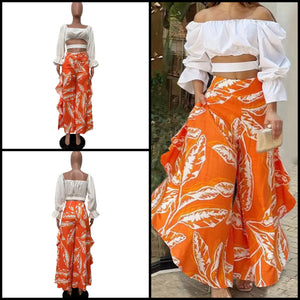 Women Fashion Full Sleeve Crop Two Piece Floral Ruffled Wide Leg Pant Set