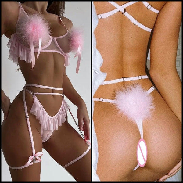 Women Sexy Pink Faux Fur Patchwork Mesh Lingerie Set