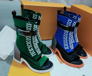 Women Color Patchwork Fashion Wedge Open Toe Ankle Boots