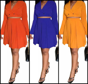 Women Solid Color Two Piece Crop Blazer Pleated Skirt Set