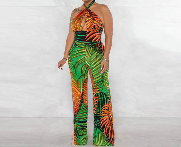 Women Sexy Halter Multicolored Tropical Print Jumpsuit