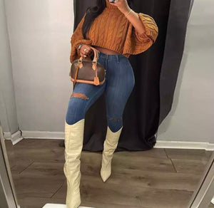 Women Solid Color Fashion Knitted Crop Sweater Top