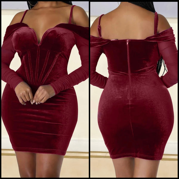 Women Velour Sexy Off The Shoulder Full Sleeve Dress