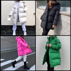 Women Solid Color Warm Hooded Puff Coat