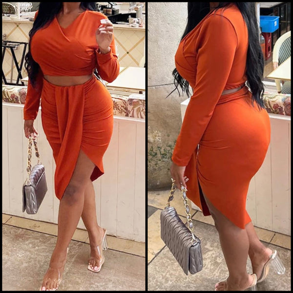 Women Sexy Orange Full Sleeve Ruched Crop Two Piece Skirt Set