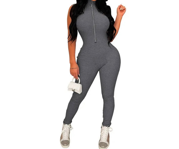 Women Sleeveless Fashion Front Zipper Jumpsuit